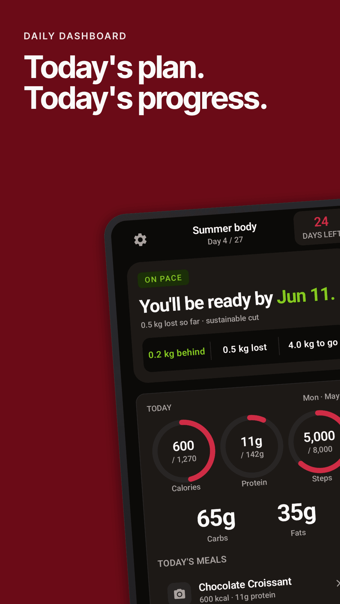 Daily dashboard with adaptive calorie target after overnight re-plan