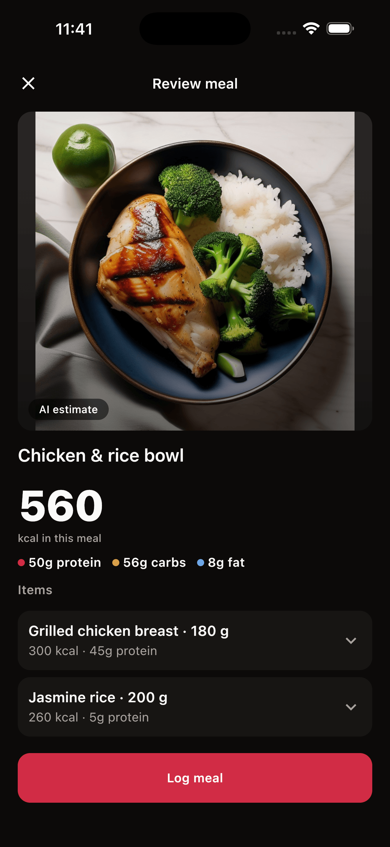 Photo meal estimate — chicken and rice bowl at 560 kcal