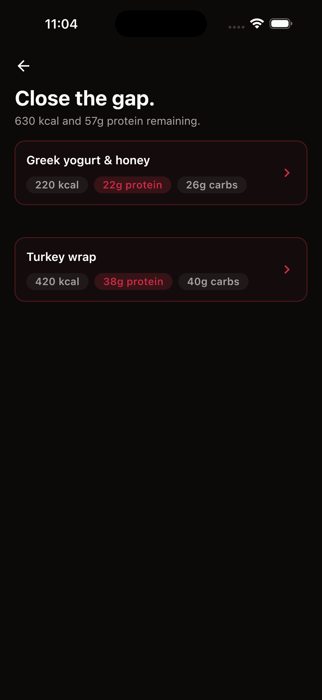 Meal suggestions to close the remaining calorie and protein gap