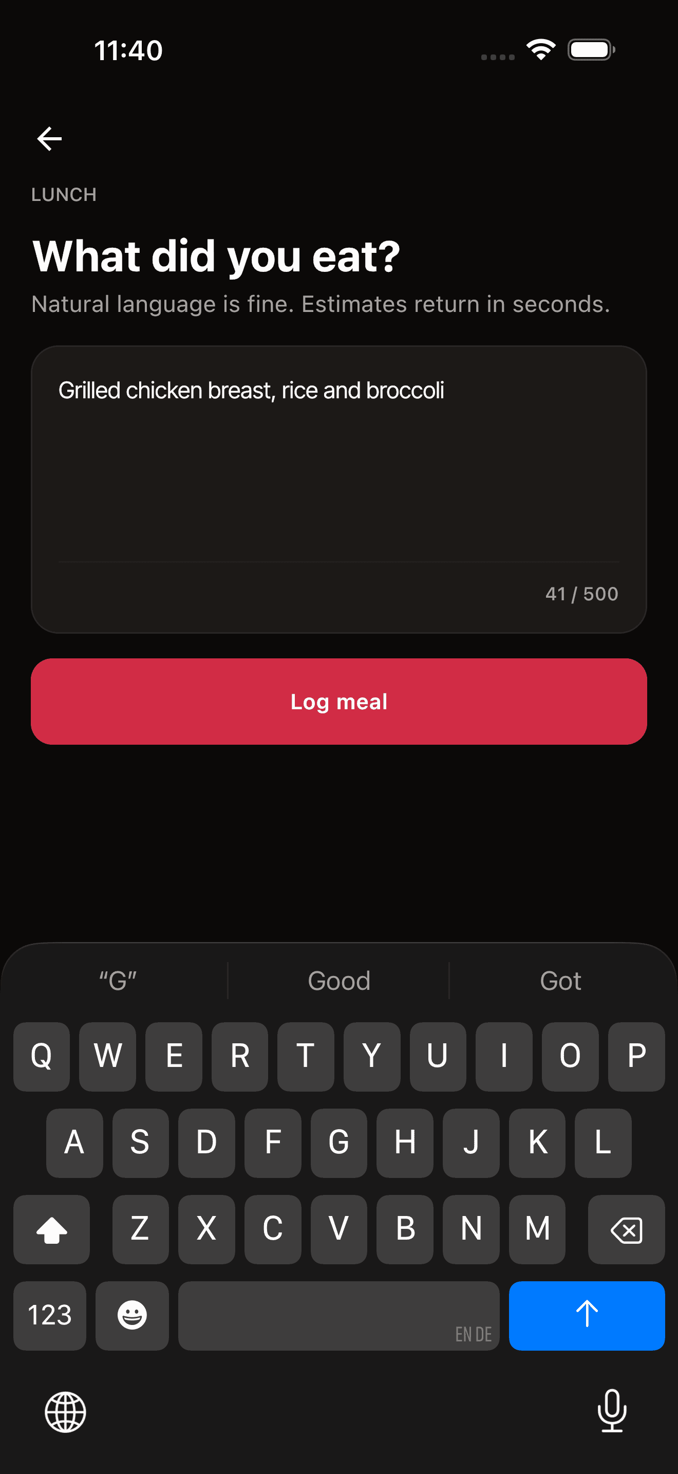 Logging a meal in natural language for a calorie estimate