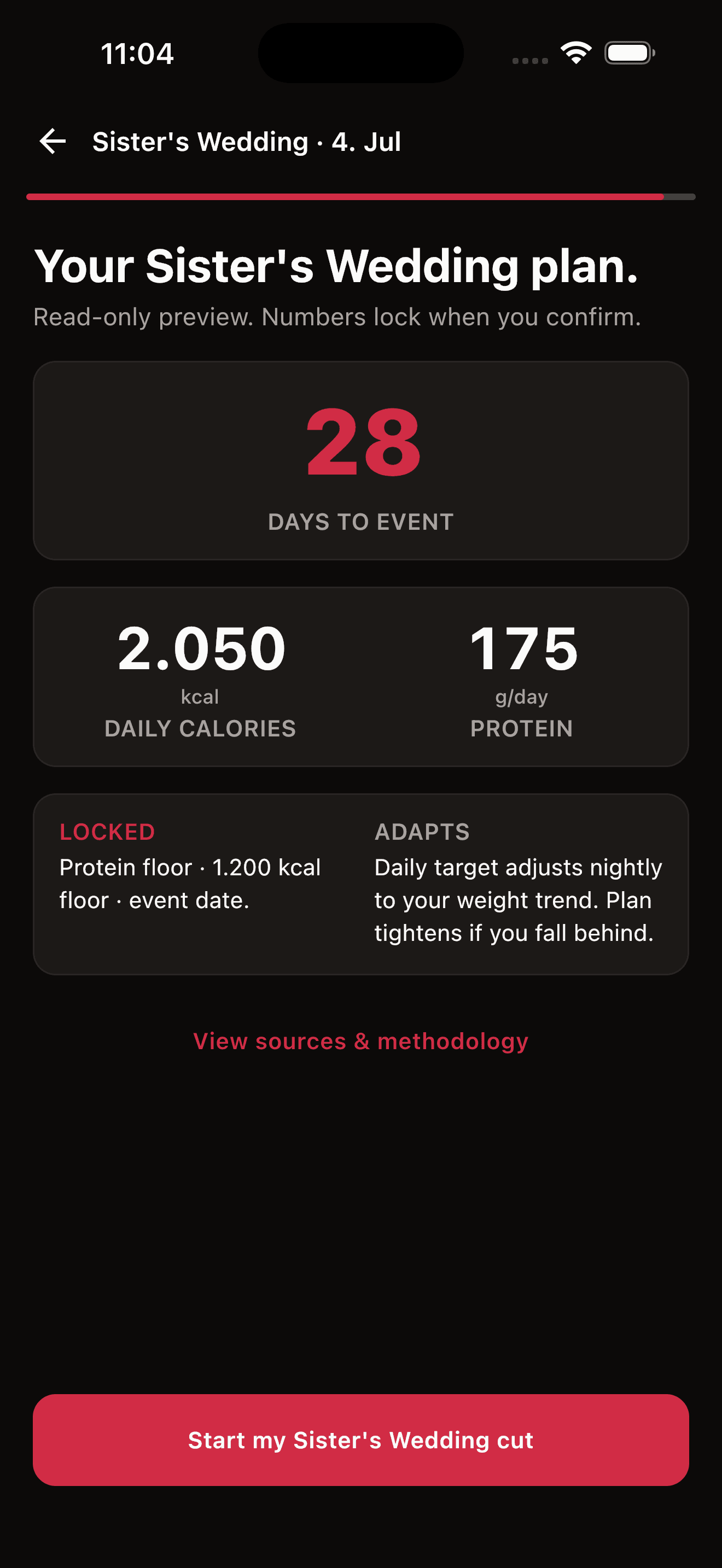 Plan summary with locked safety floors: 1,200 kcal and a protein floor that never drop